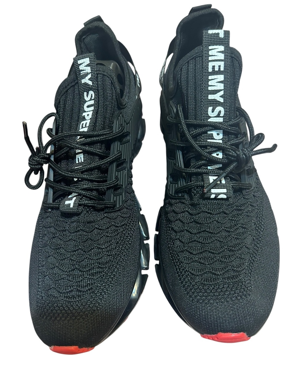 Men's Black Knit Athletic Sneakers with Subtle Red Tip